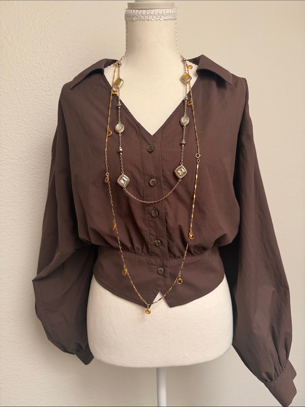 Moussy Brown Button-Front Puff Sleeve Cropped Shirt